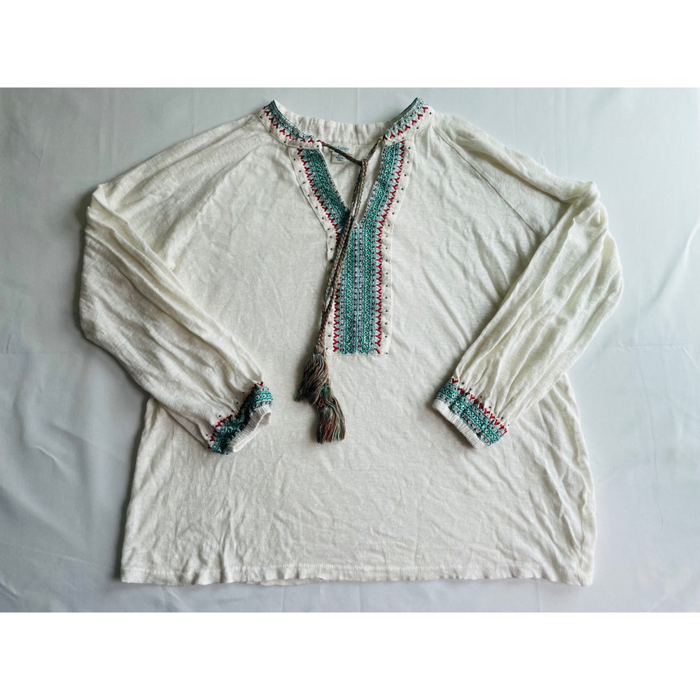 Sundance 100% Linen Embroidered Tassel Peasant Top White Teal Red XS Boho Beaded